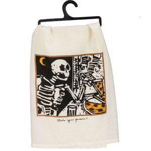 Halloween Kitchen Towel What's Your Poison Towel Skeleton Eating Pizza